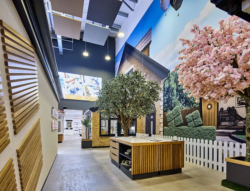 A showroom with two artificial trees- one of them with pink flowers. On the wall there is a tension frame with a house on, which makes the space appear bigger. There is also wooden central island in the display with shelves
